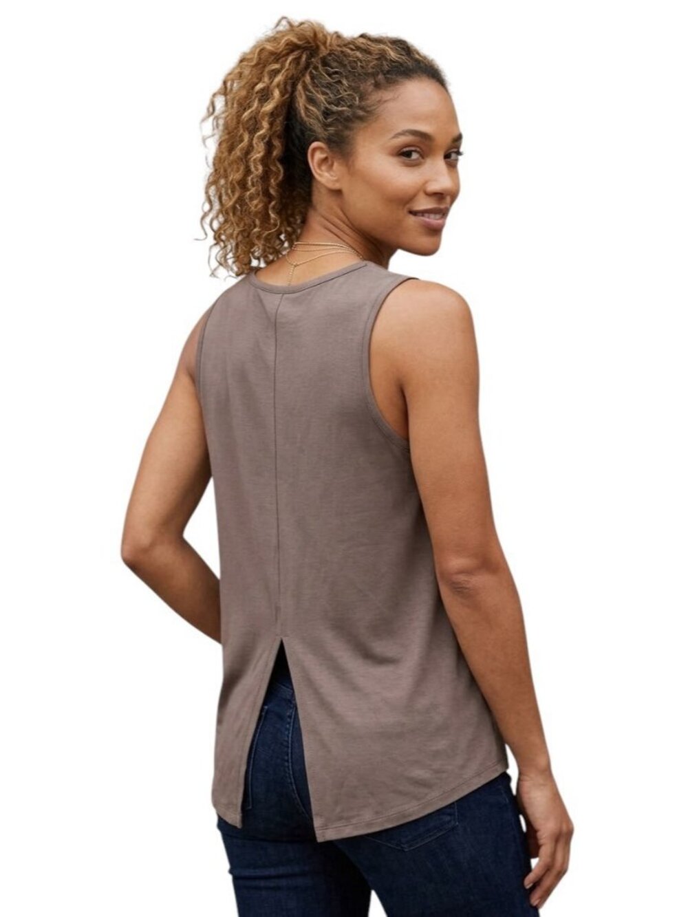 NWOT AnyBody Cozy Knit Jersey All-Star Split Back Tank Top Size L Brown Taupe⁠